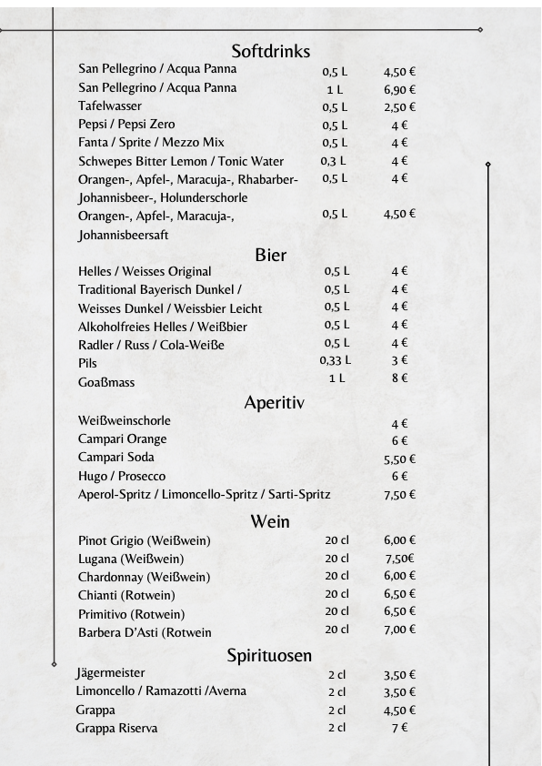 Aktuelle Getränkekarte Ristorante da Enzo