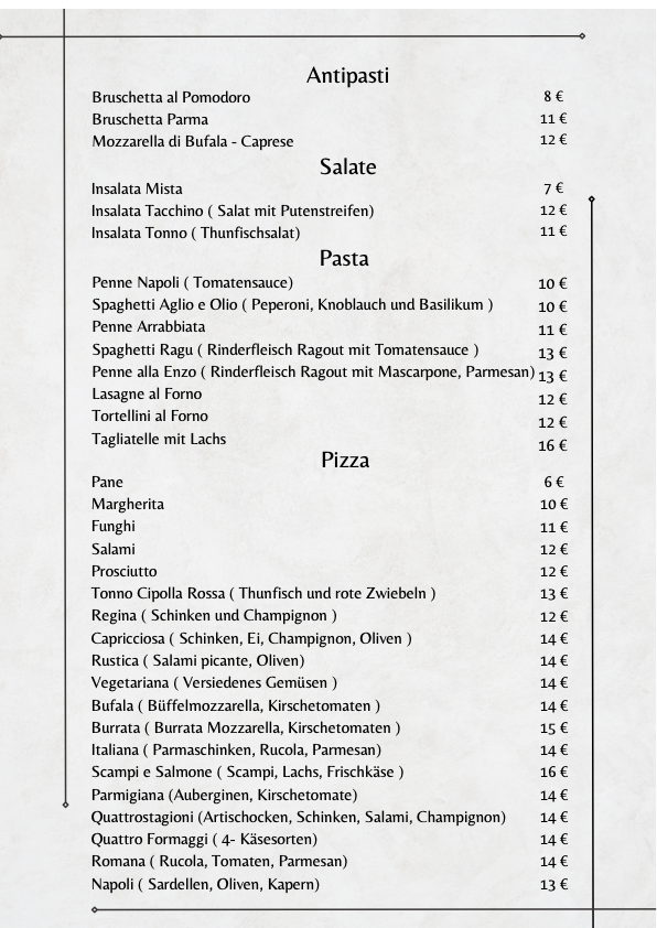 Aktuelle Speisekarte Speisen Ristorante da Enzo